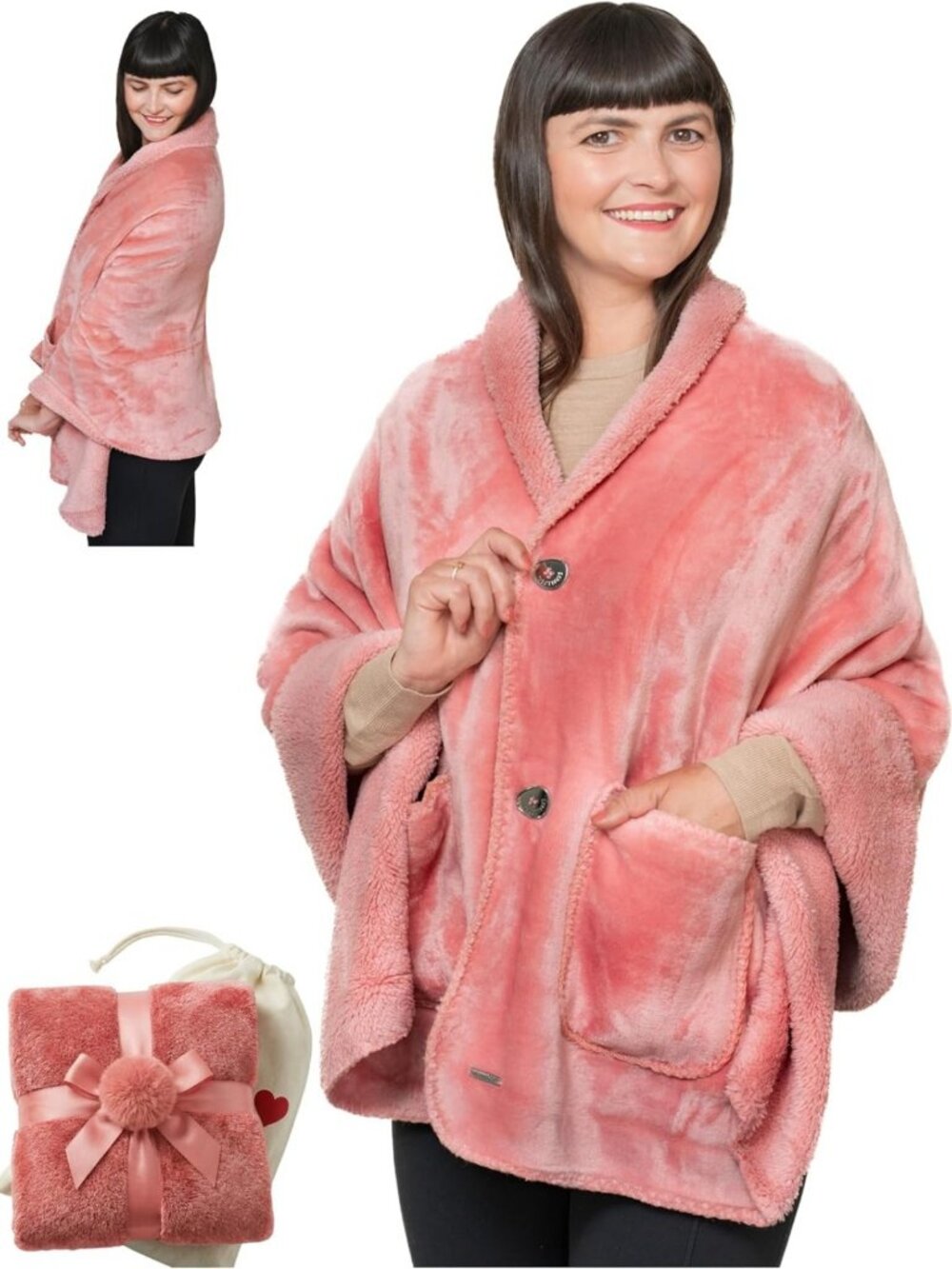 Cozy Double Layer Wearable Blanket Shawl with Pockets for Women - Gift Idea